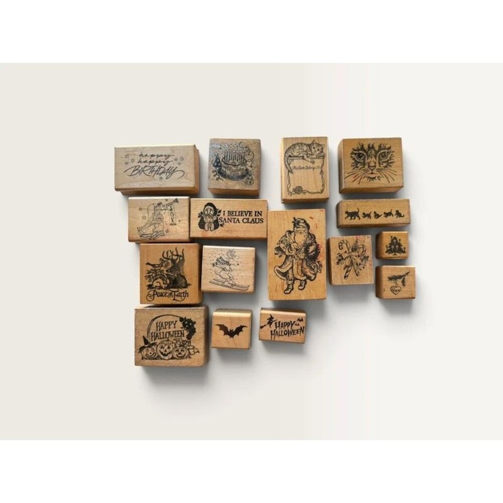 Vintage PSX & Hero Arts Wood Mounted Rubber Stamp Lot 16pc Christmas Halloween